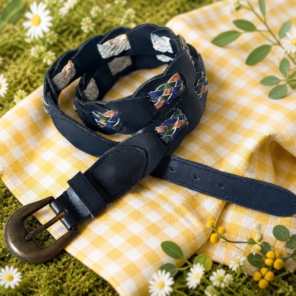 Navy Blue Braided Scalloped Leather Belt Womens Boho Chic Coastal Cowgirl